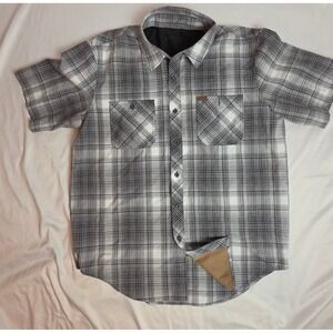 Orvis Mens Lg Grey Plaid Short Sleeve Button Down Hiking Fishing Utility Shirt